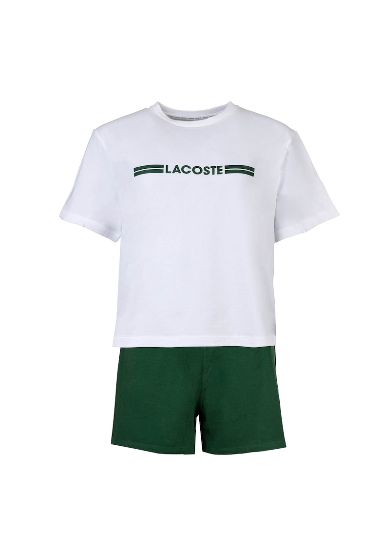 Lacoste Къса пижама с лого – Бял/Зелен Намаления и отстъпки 3 Къса пижама с лого бял и зелен цвят от памук и еластан