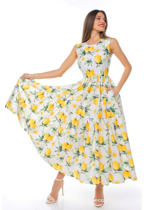 Разкроена рокля без ръкави с джобове в бял, зелен и жълт цвят