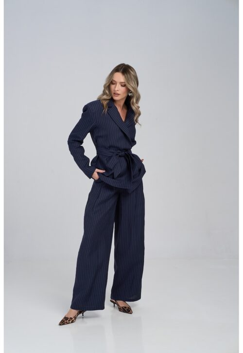 Раиран ленен панталон с широк крачол в тъмносин цвят