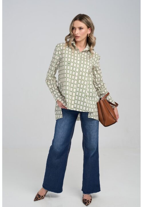 Риза с лен в папратово зелено и крем с геометричен принт и свободна кройка