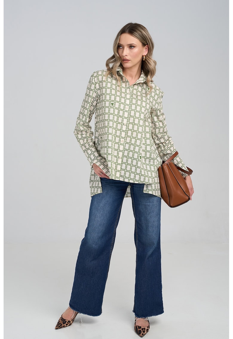 Couture de Marie Риза с лен – Папратово зелено/Крем Намаления и отстъпки 3 Риза с лен в папратово зелено и крем с геометричен принт и свободна кройка