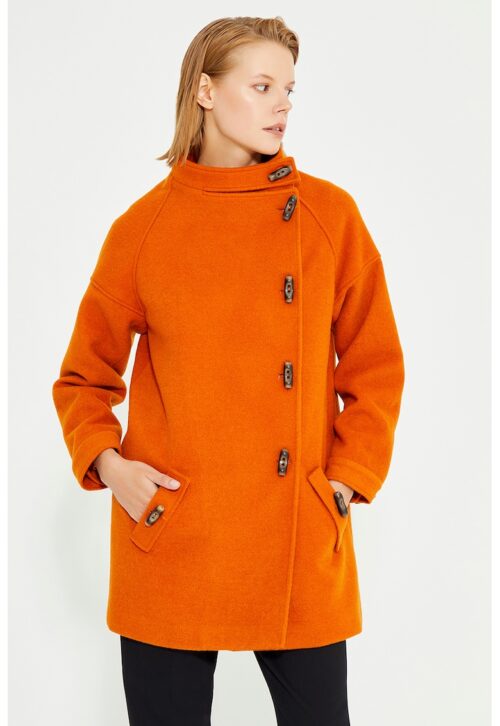 Елегантно палто с вълна с копчета в изгорен портокал