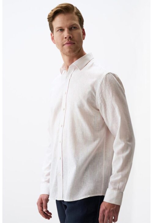 раирана риза с лен в многоцветен дизайн, дълъг ръкав и копчета