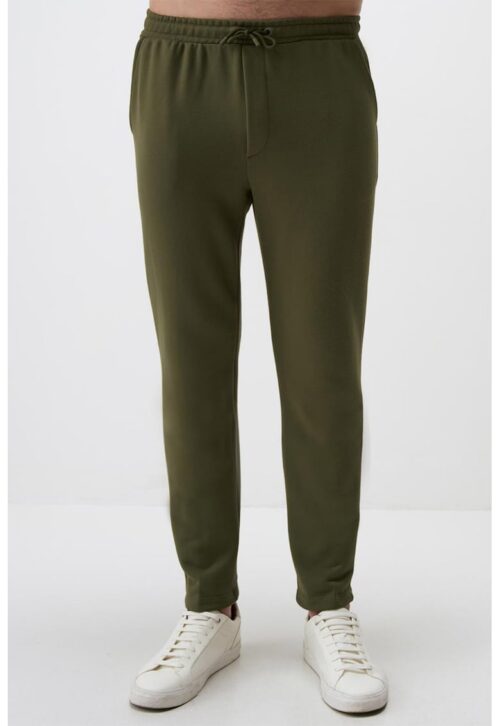 Спортен слим панталон с връзки в цвят каки с колан и странични джобове