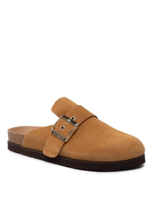 Дамски кафяви чехли от естествена кожа и велур с удобен дизайн