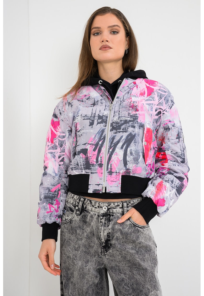 KARL LAGERFELD JEANS Късо яке бомбър – Бял/Сив/Розово Намаления и отстъпки 3 Късо яке бомбър бяло сиво розово с графичен принт и дълъг ръкав