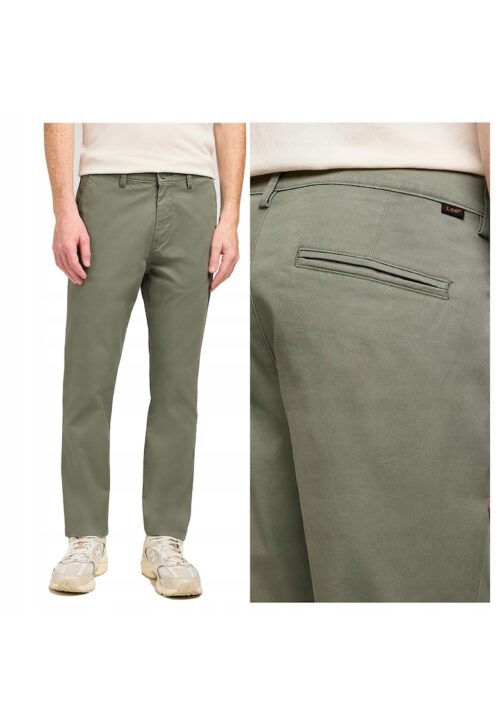 Мъжки зелени прилепнали панталони Slim Chino от памук с 5 джоба и цип