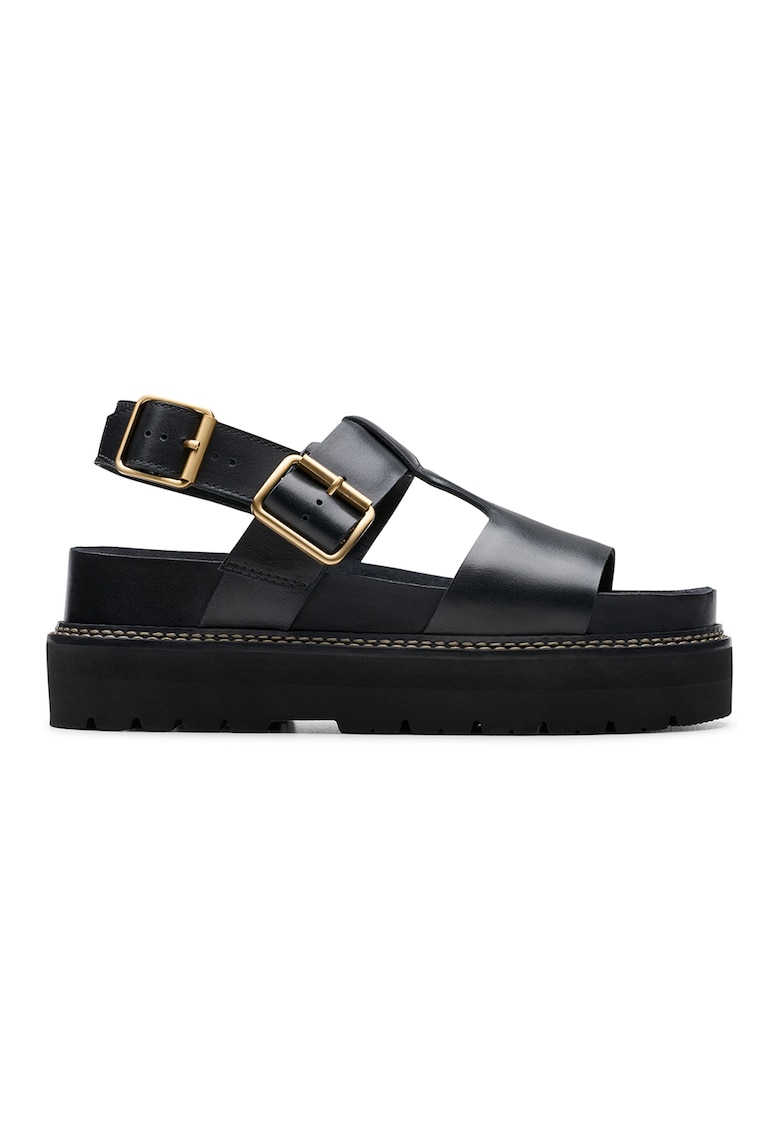 Clarks Кожени сандали с равна платформа – Черен Намаления и отстъпки 2 Кожени черни сандали с равна платформа и катарама Clarks Signature